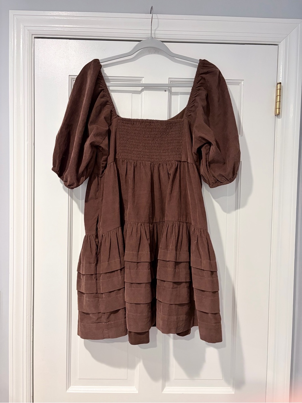 American Eagle Outfitters Brown Puff-Sleeve Tiered Mini Dress - Picture 6 of 11